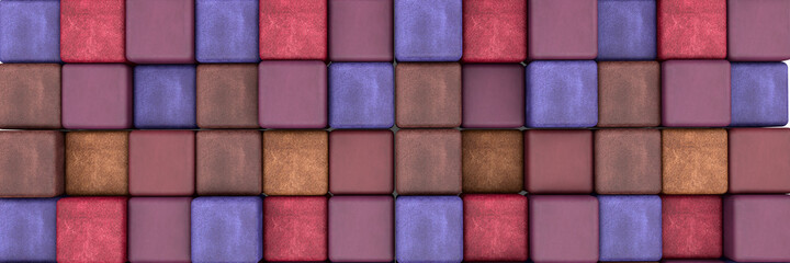 Fototapeta premium 3d rendering of square boxes with realistic fabric texture on white background. Set of colorful brown, blue and red boxes like a pattern. 