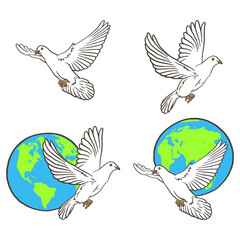 Illustration flying pigeons and globe