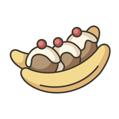 Banana split RGB color icon. Ice cream based dessert with banana and cherries. National American cuisine. World desserts. Traditional sweets. Sweet food for children. Isolated vector illustration