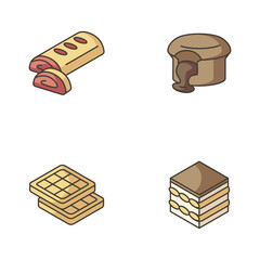 European desserts RGB color icons set. Austrian apple strudel. Chocolate lava cake. Brussels waffles. Classic Tiramisu. Authentic European sweet food. Isolated vector illustrations