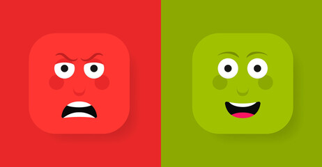 Do's and don'ts button label with face emotion. Angry and happy emoticon. Feedback scale. Vector illustration