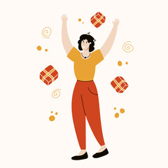 Cheerful young man jumping and smiling. Isolated vector man. Colorful illustration - orange and red colors. The boy received a gift. Happiness and fun.