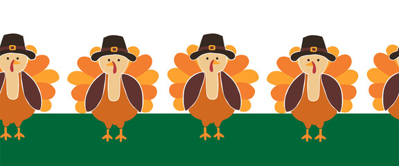 Turkey seamless vector border. Cute Thanksgiving repeating pattern. Use for Thanksgiving greeting cards, party invitations, banner