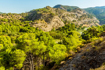 A view of exfoliation weathering on the sides of the Gaitanejo river gorge viewed from the Caminito del Rey pathway near Ardales, Spain in the summertime