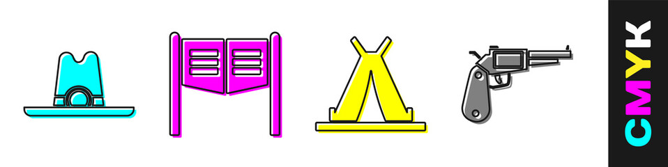 Set Western cowboy hat, Saloon door, Indian teepee or wigwam and Revolver gun icon. Vector. © Vadim