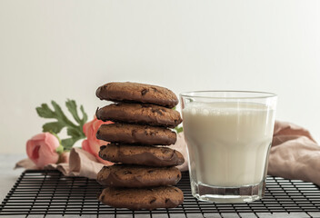 Oatmeal chocolate cookies with a glass of milk in the morning. Sweet treats concept with copy space