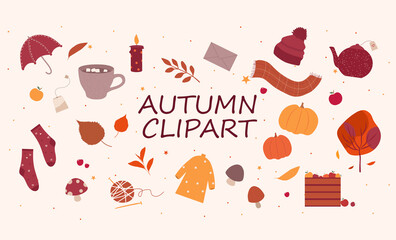 Set of cute autumn objects in warm colors, fall season icons collection. Isolated vector elements