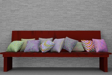 Colorful Pillow on Sofa Bench in Apartment Living Room. 3D RENDER ILLUSTRATION