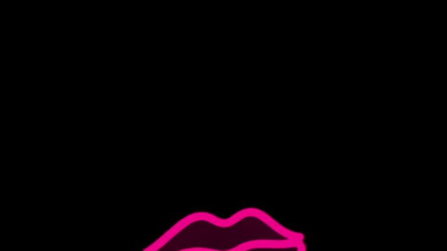 Bright red and pink lips fly on black background isolated. Animation of kiss. Looping video. Desire and sexuality concept. Beautiful female lips glow with neon light. Cosmetics. Lipstick, pomade.