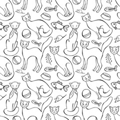 Seamless pattern with cats. Outline, monochrome drawing. Cats, fish, mouse, basket, pillow, ball, bowl. Isolated on a white background