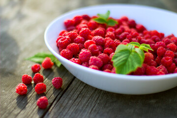 Red fresh raspberries with green leaves in a white misk on a wooden background with copy space.
Healthy snack. Summer healthy food concept. Healthy organic sweet fruits.