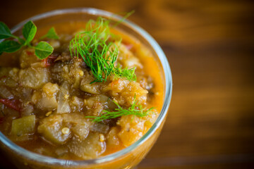 Eggplant caviar in the rustic bowl closeup