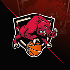 Hog with basketball mascot logo