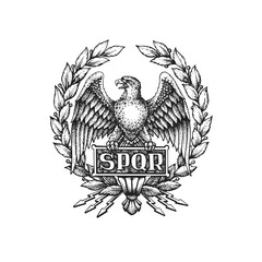 SPQR Symbol of the Roman Empire with Aquila Eagle and Laurel Wreath. Hand Drawn Vector Illustration