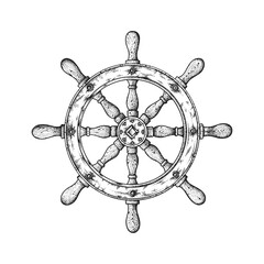 Wooden Ship Steering Wheel. Hand Drawn Vector Illustration