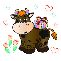 The symbol of the year is a bull in the vector. Holiday illustration of a brown calf with black spots with a gift, flowers and hearts . Isolated white background, for calendar, postcards, t-shirts
