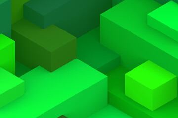 Abstract green geometric cubic dark color background. isometric 3d render.