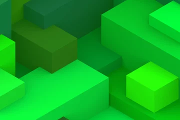 Fotobehang Abstract green geometric cubic dark color background. isometric 3d render. © MOMOSTOCK