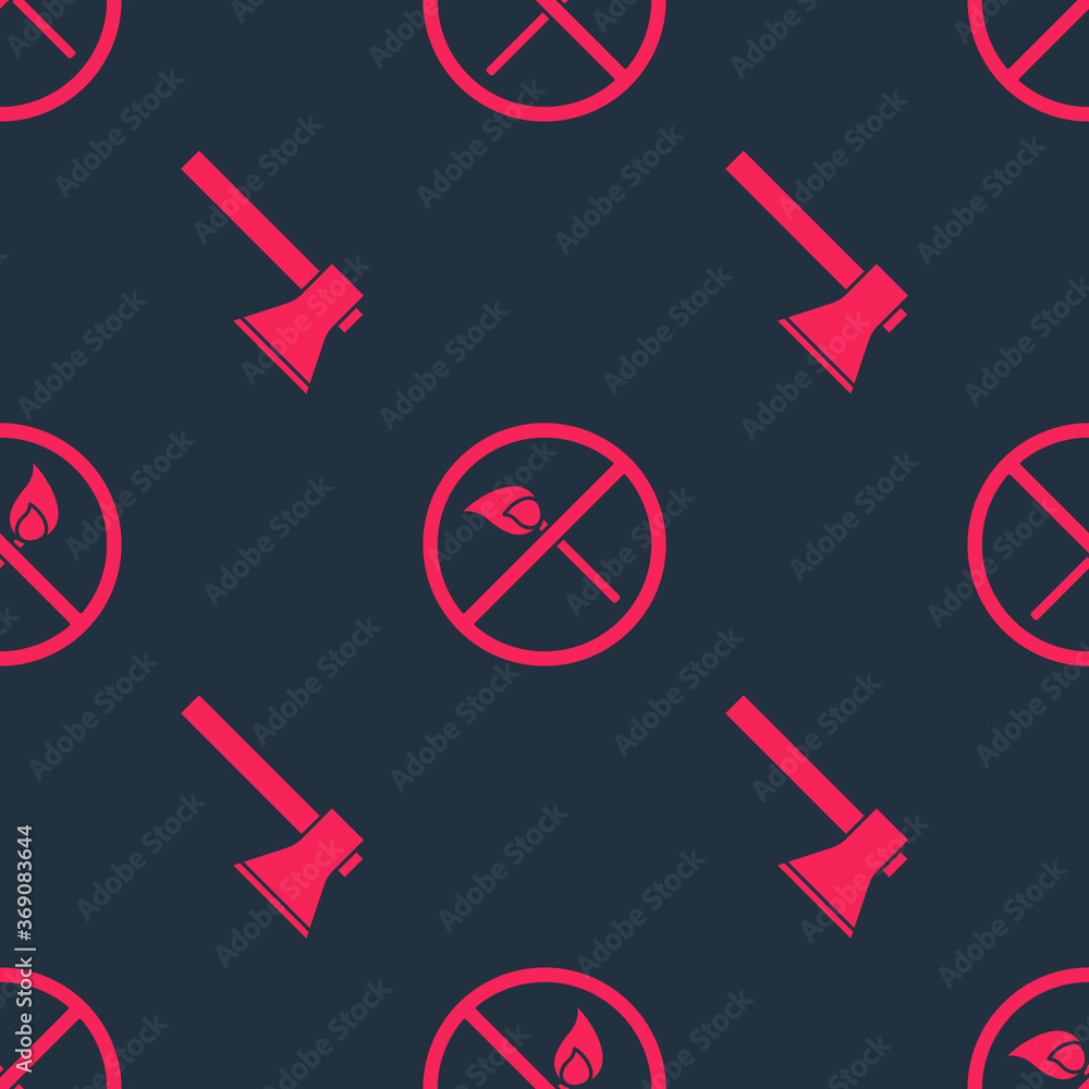 Poster Set Firefighter axe and No fire match on seamless pattern. Vector.