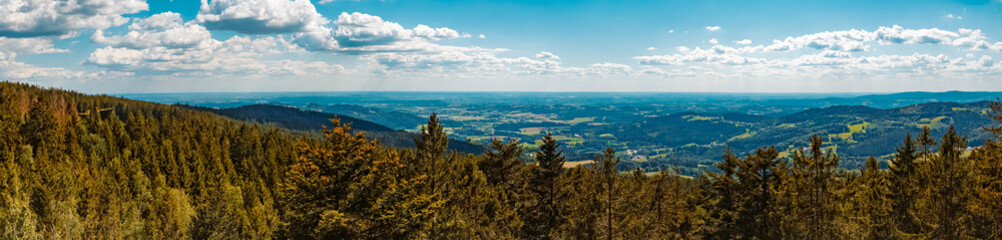 Fototapeta na wymiar High resolution stitched panorama of a beautiful view at the famous Waldwipfelweg, Saint Englmar, Bavarian forest, Bavaria, Germany