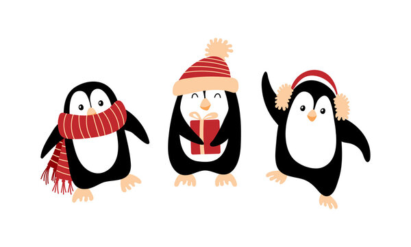 Cute cartoon Christmas penguins isolated on white background. Vector illustration.