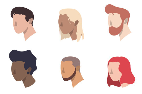 Set of minimal icon. People 3/4 view. Isolated avatars portraits. Cartoon characters with various hairstyles. Vector illustration Eps10.
