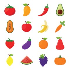 Natural tropical fruit icon vector illustration. Organic fruits or vegetarian food as tomato,  mangoes, chilies, avocado, papaya slices, apples, bananas, carrots, strawberries, eggplant, oranges, ect.