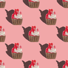 Seamless pattern with big cupcakes silhouettes, muffin sweet white cake and red on top painted with gouache on pink background. Texture with sweets for desktop wallpaper or culinary blog website