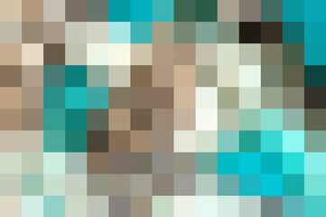 Abstract texture, color combination. Pixel squares in green, blue, turquoise, beige and brown colors, shades and nuances. Suitable for backgrounds and printing.
