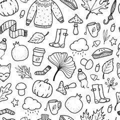 seamless monochrome pattern created from hand drawn doodles on white background for scrapbooking, stationary, textile prints, wrapping paper, etc. Autumn, Thanksgiving theme. 