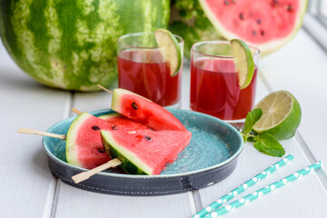 Fresh delicious watermelon sliced with mint and watermelon juice