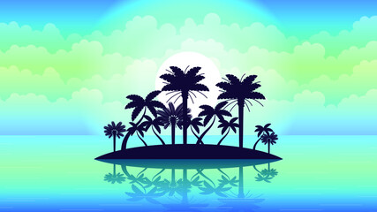 Fototapeta na wymiar Abstract Ocean Sea Island Background With Palm Trees Sun And Clouds Vector Design Style Nature
