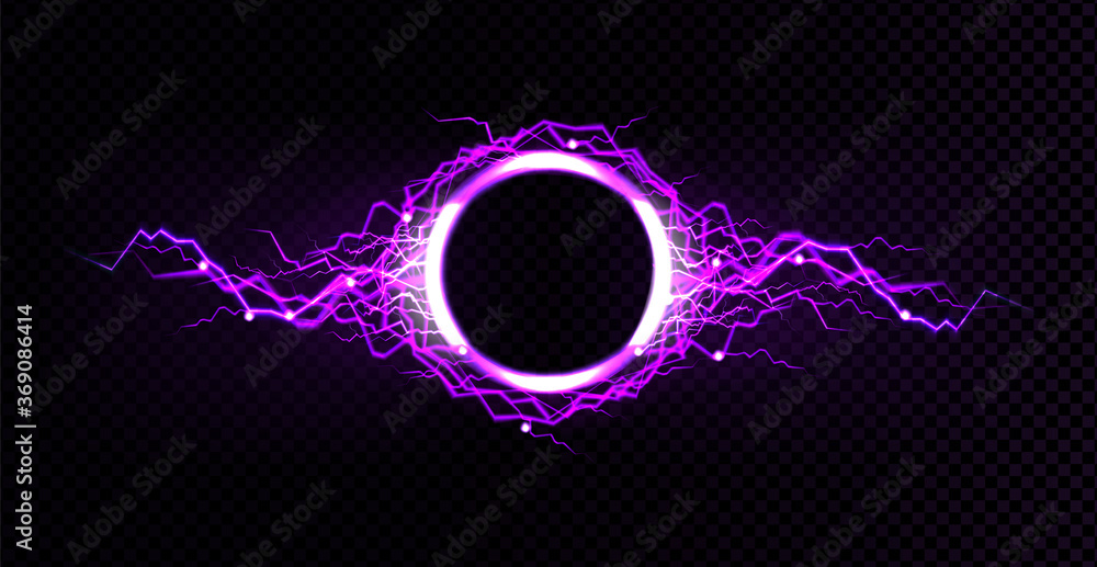 Poster electric lightning circle with purple glow effect. illuminated neon round frames. vector realistic d
