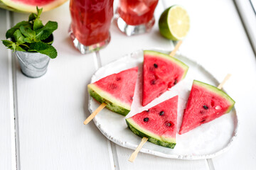 Fresh delicious watermelon sliced with mint and watermelon juice