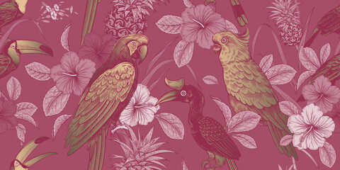 Exotic birds parrots and toucans. Tropical leaves and flowers. Luxury tropical pattern. © marinavorona