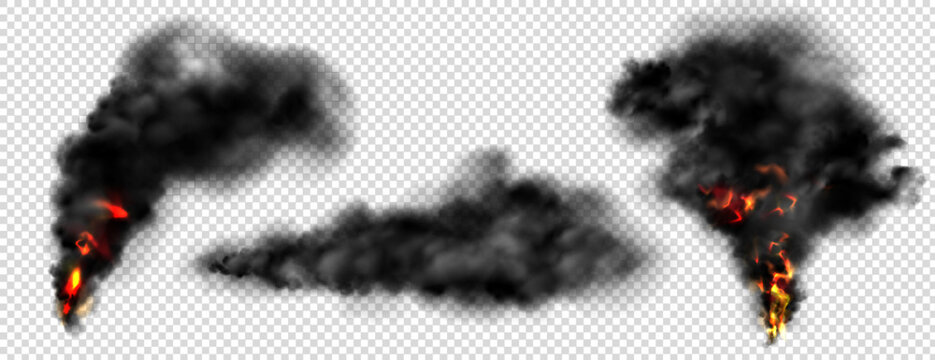 Fire with clouds of black smoke isolated on transparent background. Vector realistic set of dark fog, smog from burning wood or fuel, explosion or torch. Flame with pillar of smoke