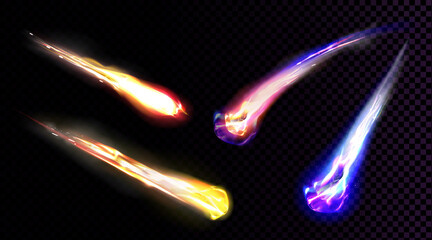 Falling comets, asteroids or meteors with flame trail isolated on transparent background. Vector realistic set of flying glowing meteorites from space, fireballs burning in Earth atmosphere © klyaksun