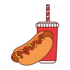 fast food delicious hot dog with drink on white background