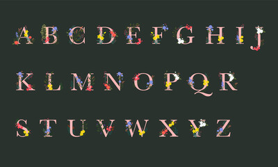 Botanical elements decorated uppercase letters set in all 26 alphabet. floral lettering. Monogram with flowers and plants decorative graphic elements.
