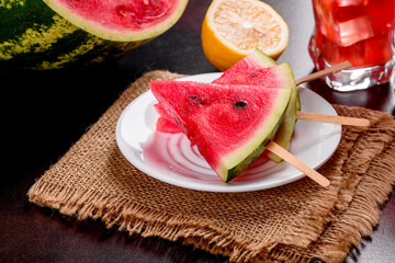 Fresh delicious watermelon sliced with mint and watermelon juice