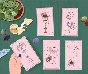 A session with a fortune teller with tarot cards, drink coffee and wait on arcane cards at the mystical guide, moon and sun tarot cards, Hands set in simple flat esoteric boho style. gold and pink 
