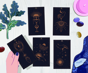 Fototapeta na wymiar A session with a fortune teller with tarot cards, drink coffee and wait on arcane cards at the mystical guide, moon and sun tarot cards, Hands set in simple flat esoteric boho style. gold and pink 
