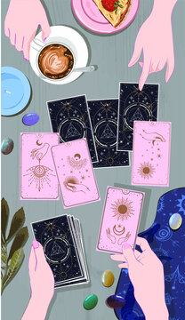 A session with a fortune teller with tarot cards, drink coffee and wait on arcane cards at the mystical guide, moon and sun tarot cards, Hands set in simple flat esoteric boho style. gold and pink 