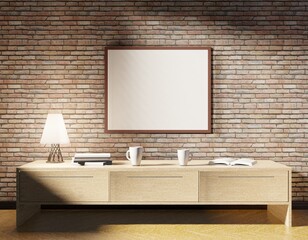 An empty frame on the brick wall above the table. Template of the poster for photos and lettering. 3D rendering.