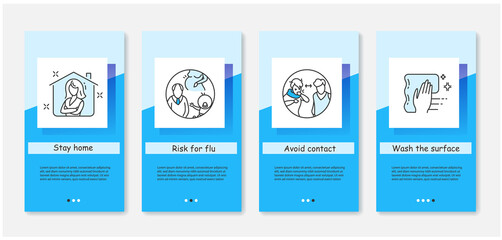 Seasonal flu risk and safety recommendations onboarding mobile app screens. Covid prevention guide steps menu and healthcare information. Set of UI, UX, web template with RGB color linear icons.
