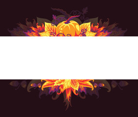Banner with autumn leaves and pumpkin. Dark background.