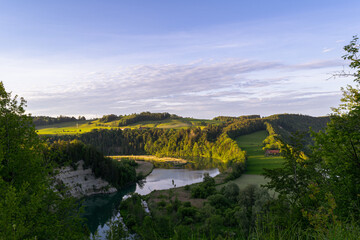 Fototapeta na wymiar Panoramic view to the Iller River in Altusried, Allgäu, Germany