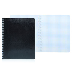 Open notebook with black cover isolated on white background, layout, copy space. An empty Notepad in a cell for entries. Notepad template for the designer. Office supplies, new school notebook