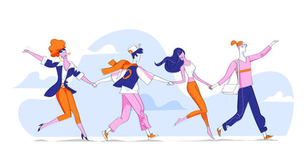 Un gruppo di amici, uomini e donne felici si tengono per mano e ballano