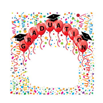 Graduation hats red balloons and confetti party celebration symbol educational icon vector logo image design template 